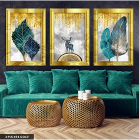 Resim Evinemoda Geyik ve Renkli Yapraklar 3 Parça Gold Pleksi Aynalı Tablo 