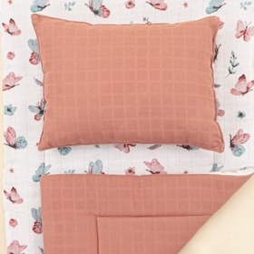 Resim Alt Açma Matı ve Yastık - Çift Taraflı - Gül Kurusu Muslin - Kelebekler 