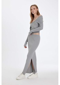 Resim DeFacto Slim Fit Dar Kesim Esnek Belli Basic Düz Yırtmaçlı Maxi Triko Etek D5390AX24AUGR90 Gri 