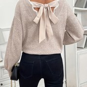 Resim Kadın Şık Fransız Esintili V Yaka Sırt Fiyonklu Kazak - Uzun Kollu Bol Kesim, Yumuşak ve Kahverengi Renk Bloklu Tasarım, Sonbahar/Kış Günlük Şık Kazak, Kışlık Kazak, Sonbahar Modası, Sofistike Stil, Kaliteli Dikiş, Şık Üst 