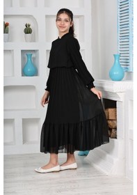 Resim Kız Çocuk Uzun Boydan Pliseli Pamuklu Şifon Uzun Elbise Siyah 