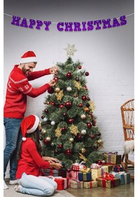 Resim Mor Happy Christmas Yazılı Banner , Özel Gün, Davet Organizasyonu ,yeni Yıl, Yılbaşı Sofrası, Simli Eva Banner 