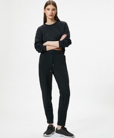 Resim Koton Modal Kumaş Crop Spor Sweatshirt Asimetrik Kesim Bisiklet Yaka Uzun Kollu Siyah 4sak10014nk Siyah 