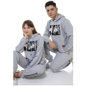 Resim Unisex Anime Baskılı 3 İplik Kapüşonlu Eşofman Takımı Gri 