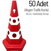Resim 50'li Kedi Gözlü Kırmızı Altıgen Trafik Konisi Seti 65 Cm Trafik Dubası-3612 