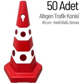 Resim 50'li Kedi Gözlü Kırmızı Altıgen Trafik Konisi Seti 65 Cm Trafik Dubası-3612 