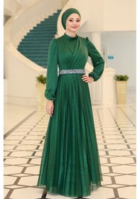 Resim Raika Moda Parıltılı Dila Tesettür Büyük Beden Abiye Zümrüt 