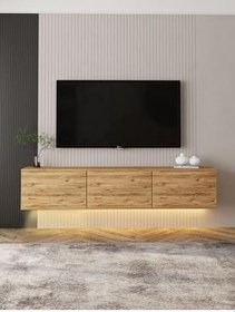 Resim Inarch Dizayn Neon LED Işıklı Duvara Monte, 3 Kapaklı TV Sehpası – 160 cm - Modern Tasarım, Atlantik Çam 