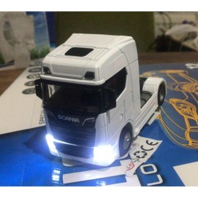 Resim metaş oyuncak Oyuncak Metal Model Işıklı Sesli Beyaz Scania Tır Çek Bırak 12 cm 