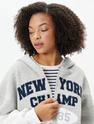 Resim Şardonlu Kapüşonlu Fermuarlı Crop Sweatshirt Kolej İşleme Detaylı Renk Bloklu 