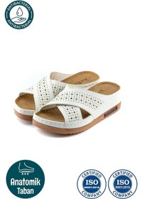 Resim Kadın Ortopedik Yumuşak Tabanlı Terletmeyen Çift Bantlı Hasır Tipi Delikli Rahat Anne Ev İçi Terliği Beyaz 