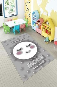Resim Pelangi Gri Ay Desenli Yıkanabilir Kaymaz Taban Leke Tutmazbebek Ve Çocuk Odası Halısı, Açık Gri-Beyaz 80 x 150, 90135715380150 