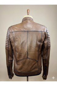 Resim Verra Hakiki Deri Kahverengi Eskitme Biker Erkek Mont - Kapitoneli Slim Fit Deri Ceket 
