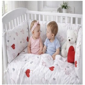 Resim Bebek Nevresim Takımı- %100 Pamuk-Kalp Desenli Beyaz 