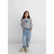 Resim Mavi Loose Fit Baskılı Çizgili Kız Çocuk Crop T-shirt (M7610270-82374) 