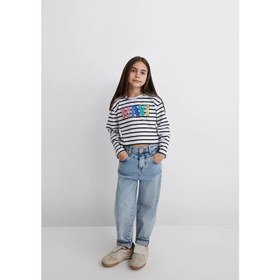 Resim Mavi Loose Fit Baskılı Çizgili Kız Çocuk Crop T-shirt (M7610270-82374) 