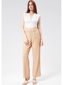 Resim Braccas Kadın Keten Görünümlü Yandan Cepli Beli Lastikli Relaxed Fit Pantolon Taş Taş 