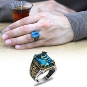 Resim Okyanus Silver Baget Kesim Aqua Zirkon Taşlı Yanları Gotik Süslemeli 925 Ayar Gümüş Erkek Yüzük 