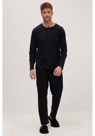 Resim Tudors Erkek Standart Fit Normal Kesim %100 Pamuk Bisiklet Yaka Beli Lastikli Siyah Pijama Takımı-37947 Siyah 