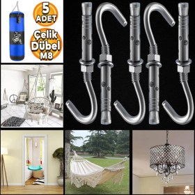 Resim Kancalı Çelik Dübel M8 Salıncak Boks Torbası Avize Için Gömlekli Açık Ağız Kanca 5 Adet 