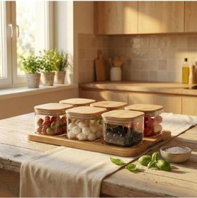 Resim Amberhaus 6'lı Bambu Kapaklı Cam Kahvaltılık Seti Ahşap Standlı 36x23 Cm Şık Tezgah Üstü Baharat Ve Kuruyemiş Düzenleyici Kavanoz 