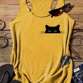 Resim Kadınlar için Günlük Kolsuz Tank Top - Siyah Kedi Tasarımlı Canlı Sarı Yazlık Gömlek, Yuvarlak Yaka, Makinede Yıkanabilir, Hafif ve Nefes Alabilen, Rahat Giyim için Bayan Tank Üstleri, Eğlenceli Desen, Yumuşak Kumaş 