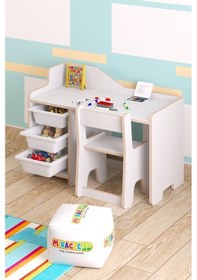 Resim Miracle 3d Çocuk Çalışma Masası 90x45cm 3 Sepetli Çocuk Çalışma Masası Sırt Dayamalı Sandalye Beyaz 