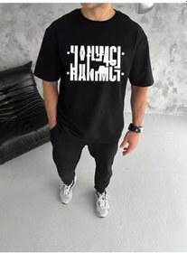 Resim Unisex Bisiklet Yaka Katlanan Baskılı T-shirt - Siyah Siyah 