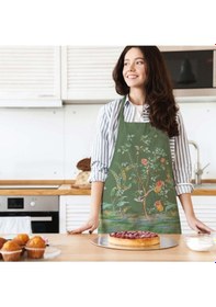 Resim Yeşil Çiçek Detaylı Mutfak Önlüğü Keten Kumaş, Uluslararası Yıkama Ve Solmama Sertifikası Çok Renkli 
