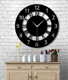 Resim Shelife Siyah Ahşap Yuvarlak Roma Rakamlı Duvar Saati 40x40 Cm Sessiz Akar Mekanizma Siyah 