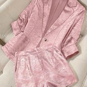 Resim Kadınların Şık Düz Renkli Düğmeli Gömlek 2 Adet Seti - Eşleşen Bluzlu Pembe Polyester Blazer, Bahar/Yaz Modası, Şık Cep Detayları, Polyester Kumaş 