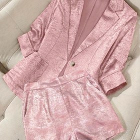 Resim Kadınların Şık Düz Renkli Düğmeli Gömlek 2 Adet Seti - Eşleşen Bluzlu Pembe Polyester Blazer, Bahar/Yaz Modası, Şık Cep Detayları, Polyester Kumaş 