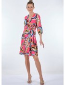 Resim Explosion Midi V Yaka Sarımlı Elbise - Geometrik Desen - Günlük Fuşya 