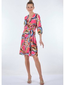 Resim Explosion Midi V Yaka Sarımlı Elbise - Geometrik Desen - Günlük Fuşya 