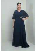 Resim Kadın V Yaka Beli Taşlı Drapeli Astarlı Büyük Beden Uzun Şifon Elbise-40914 Lacivert 