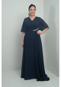 Resim Kadın V Yaka Beli Taşlı Drapeli Astarlı Büyük Beden Uzun Şifon Elbise-40914 Lacivert 