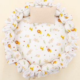 Resim Yuvarlak Babynest ve Yastık - Çift Taraflı - Sütlü Kahve Örgü - Aslan 