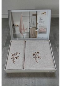Resim 2'li Nakışlı Bambu Banyo Havlu Seti-tivoli Lisette Cappuccino 