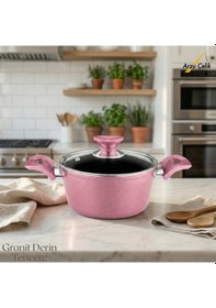 Resim 18 Cm Granit Derin Tencere Cam Kapak - Mürdüm Mürdüm 