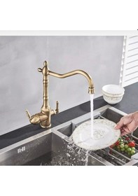 Resim İsaoğlu Yapı Arıtıcılı Mutfak Bataryası Antik Gold Evye Musluğu Vintage Model Arıtmalı Musluk Mat Gold Renk Gold 