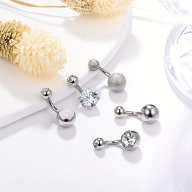 Resim 5 adet Kısa Göbek Halkası, 6mm Bar Uzunluğu Paslanmaz Çelik 14G Küçük Göbek Halkaları, Sentetik Opal Zirkonya Vücut Takıları ile Göbek Delme Takıları 