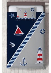 Resim Mekta Home Bebek Ve Çocuk Odası Denizci Desenli Lacivert Gri Yatak Örtüsü Renkli 