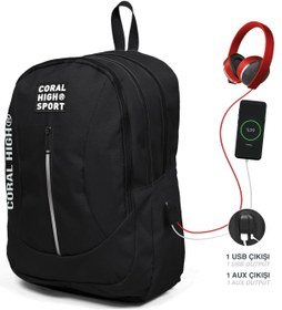 Resim Coral High Sport Siyah Dört Bölmeli Usb Şarjlı Kulaklık Çıkışlı Sırt Çantası 23226 