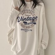 Resim Kadınlar için Beyaz Vintage Brooklyn Grafikli Geniş Kesim Uzun Kollu Tişört - Yuvarlak Yaka, Harf Baskılı Rahat Üst Bahar & Sonbahar için, Günlük Giyim, Esnek Olmayan Kumaş 