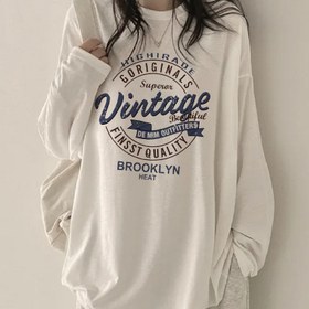 Resim Kadınlar için Beyaz Vintage Brooklyn Grafikli Geniş Kesim Uzun Kollu Tişört - Yuvarlak Yaka, Harf Baskılı Rahat Üst Bahar & Sonbahar için, Günlük Giyim, Esnek Olmayan Kumaş 