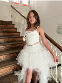 Resim Butikhappykids Kız Askılı Beyaz Zincir Detaylı Kat Etekli Kuyruklu Abiye 10-15 Yaş Beyaz 