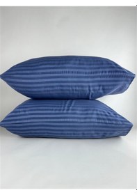 Resim Çizgili Saten Indigo Mavi 2 Adet 50x70 Yastık Kılıfı Mavi 
