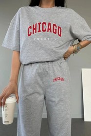 Resim MODARİCH Chicago T-Shirt Eşofman Altı Gri Jogger Tişört Alt Üst Eşofman Takımı Bisiklet Yaka 