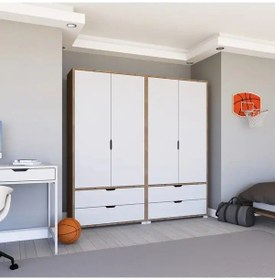 Resim Nisan Açık Ceviz-beyaz 4 Kapılı 4 Çekmeceli Elbise Dolabı - Gardırop Seti Açık Ceviz & Beyaz 