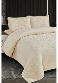 Resim Lidya Dolgulu Akrilik Çift Kişilik Yatak Örtüsü Krem Krem 